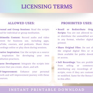 Pode incluir: Um documento branco e roxo com o t&iacute;tulo "Termos de Licen&ccedil;a" e uma lista de usos permitidos e proibidos para o conte&uacute;do. Os usos permitidos incluem sess&otilde;es pessoais e em grupo, conte&uacute;do multim&iacute;dia, inspira&ccedil;&atilde;o criativa, desenvolvimento de cursos e autoaperfei&ccedil;oamento. Os usos proibidos incluem revenda ou redistribui&ccedil;&atilde;o de scripts originais, compartilhamento de arquivos originais e venda de grava&ccedil;&otilde;es.