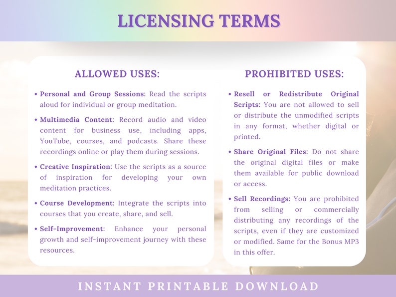 Pode incluir: Um documento branco e roxo com o t&iacute;tulo "Termos de Licen&ccedil;a" e uma lista de usos permitidos e proibidos para o conte&uacute;do. Os usos permitidos incluem sess&otilde;es pessoais e em grupo, conte&uacute;do multim&iacute;dia, inspira&ccedil;&atilde;o criativa, desenvolvimento de cursos e autoaperfei&ccedil;oamento. Os usos proibidos incluem revenda ou redistribui&ccedil;&atilde;o de scripts originais, compartilhamento de arquivos originais e venda de grava&ccedil;&otilde;es.