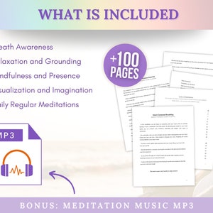Pode incluir: Um gr&aacute;fico roxo e branco com o texto "WHAT IS INCLUDED" e uma lista de t&oacute;picos de medita&ccedil;&atilde;o: Breath Awareness, Relaxation and Grounding, Mindfulness and Presence, Visualization and Imagination, Daily Regular Meditations. Um c&iacute;rculo roxo com o texto "+100 PAGES" est&aacute; no canto superior direito. Um &iacute;cone de arquivo MP3 roxo com um gr&aacute;fico de fones de ouvido est&aacute; no canto inferior esquerdo. O texto "BONUS: MEDITATION MUSIC MP3" est&aacute; na parte inferior do gr&aacute;fico.