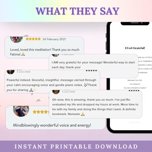 Pode incluir: Uma colagem de depoimentos de clientes para um produto de &aacute;udio de medita&ccedil;&atilde;o. Os depoimentos destacam o impacto positivo da medita&ccedil;&atilde;o em suas vidas, elogiando a voz calmante, a suave m&uacute;sica de piano e a efic&aacute;cia geral. O texto "What They Say" est&aacute; no topo da imagem, e o texto "I Feel Grateful!" est&aacute; na tela de um smartphone.