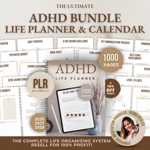 May include: An ADHD bundle featuring a life planner and calendar, with 1000 pages. Includes various trackers and worksheets for debt, savings, and self-care. The image also shows a tablet with a calendar and a 70% off today offer.