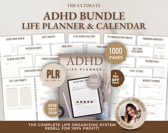 1000 ADHD Life Planner & Calendar Bundle PDF, Editable Canva Templates, Printable Productivity Journal, PLR Resell Rights