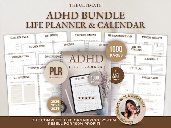 1000 ADHD Life Planner & Calendar Bundle PDF, Editable Canva Templates, Printable Productivity Journal, PLR Resell Rights