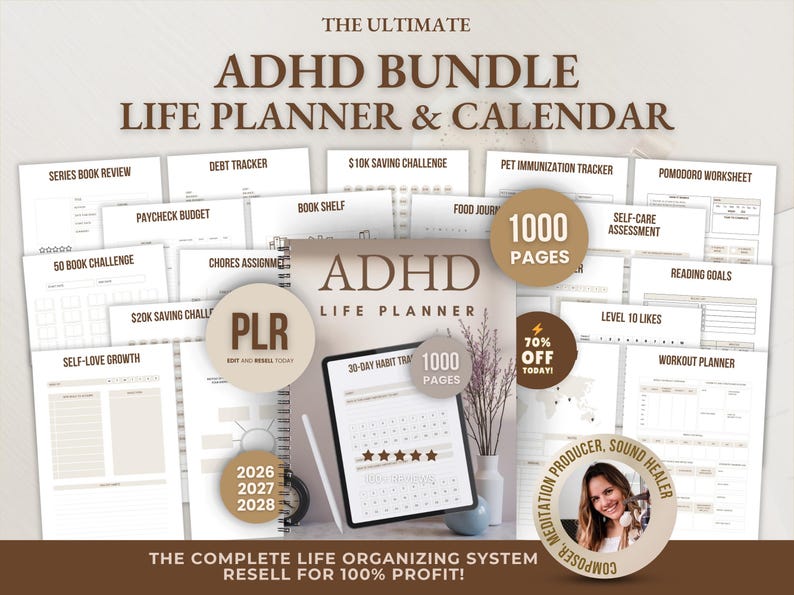 May include: An ADHD bundle featuring a life planner and calendar, with 1000 pages. Includes various trackers and worksheets for debt, savings, and self-care. The image also shows a tablet with a calendar and a 70% off today offer.