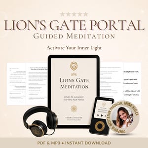May include: A digital guided meditation set titled Lion's Gate Portal featuring a tablet displaying the text Lions Gate Meditation, a portable music player, black headphones with gold accents, printed document pages, and a circular portrait badge.