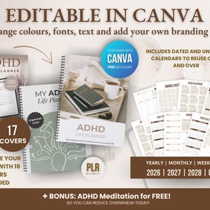 May include: An advertisement for an ADHD Life Planner, featuring multiple planner covers, calendar pages, and the text "Editable in Canva." The design includes the text "Customize your planner with 16 covers included."