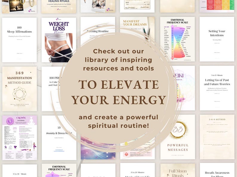 May include: A collection of self-help guides and resources, including titles like "Weight Loss," "Sleep Affirmations," and "Manifest Your Dreams." The image features a circular graphic with the text "TO ELEVATE YOUR ENERGY" and "spiritual routine!"