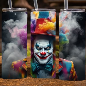 Griezelige clown Halloween 20 Oz magere sublimatie beker wrap digitaal ontwerp, png-bestand downloaden, 9,2 x 8,3&quot; enge clown beker wrap