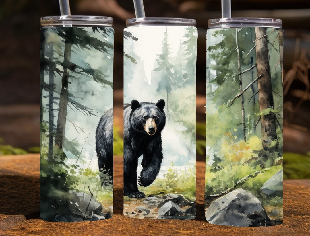 Black Bear in a Forest, Watercolor, 20 Oz Skinny Sublimation Tumbler ...