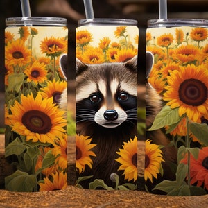 Raccoon in a field of sunflowers, fall 20 Oz Skinny Sublimation Tumbler Wrap Digital Design, PNG File Download,  9.2 x 8.3”