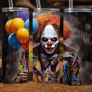 Griezelige clown Halloween 20 Oz magere sublimatie beker wrap digitaal ontwerp, png-bestand downloaden, 9,2 x 8,3&quot; enge clown beker wrap