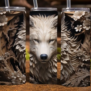 Carved Wood Wolf,  20 Oz Skinny Sublimation Tumbler Wrap Digital Design, PNG File Download, 9.2 x 8.3”