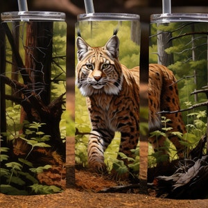 Bobcat in a lush forest,  20 Oz Skinny Sublimation Tumbler Wrap Digital Design, PNG File Download, 9.2 x 8.3”