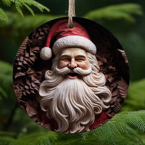 Bois sculpté père Noël, décoration ronde de Noël - téléchargement immédiat - décoration de Noël père Noël - Noël PNG, aspect bois sculpté
