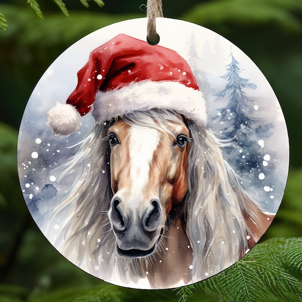 Cheval portant un chapeau de Noël, conception de sublimation d’ornement de Noël, ornement rond de Noël - Téléchargement instantané - Chapeau de Père Noël