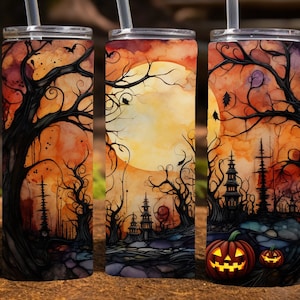 Halloween Haunted House 20 Oz Skinny Sublimation Tumbler Wrap Digital Design, PNG File Download,  9.2 x 8.3&quot; Halloween Scene Tumbler Wrap