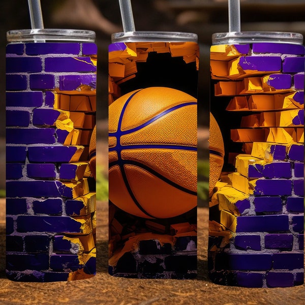 Basketball, 20 Oz Skinny Sublimation Tumbler Wrap Digital Design, PNG File Download, 9.2 x 8.3” Basketball tumbler wrap, Purple and Yellow