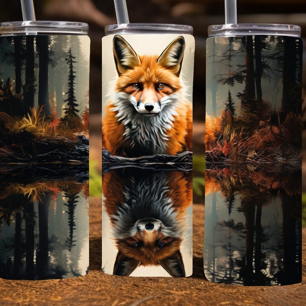 Fox with reflection in a lake, 20 Oz Skinny Sublimation Tumbler Wrap Digital Design, PNG File Download, 9.2 x 8.3”