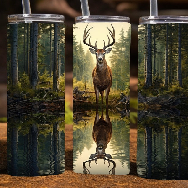 Buck / Deer with reflection in a lake, 20 Oz Skinny Sublimation Tumbler Wrap Digital Design, PNG File Download, 9.2 x 8.3”