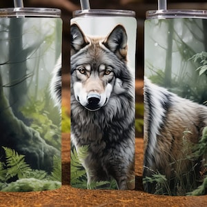 Wolf in a lush forest,  20 Oz Skinny Sublimation Tumbler Wrap Digital Design, PNG File Download, 9.2 x 8.3”
