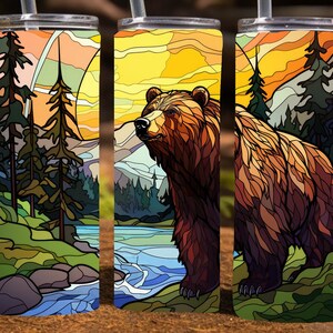 Urso pardo de vitral, 20 Oz Skinny Sublimation Tumbler Wrap Design digital, download de arquivo PNG, 9,2 x 8,3”