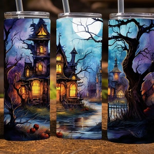Halloween Haunted House 20 Oz Skinny Sublimation Tumbler Wrap Digital Design, PNG File Download,  9.2 x 8.3&quot; Halloween Scene Tumbler Wrap