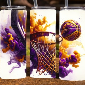 Basketball, 20 Oz Skinny Sublimation Tumbler Wrap Digital Design, PNG File Download, 9.2 x 8.3” Basketball tumbler wrap, Purple and Yellow