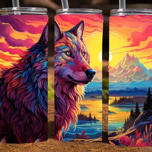 Wolf at sunset, watercolor, 20 Oz Skinny Sublimation Tumbler Wrap Digital Design, PNG File Download,  9.2 x 8.3”
