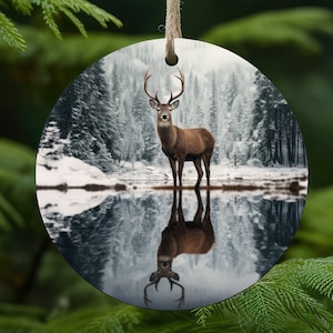 Buck / Deer with reflection in a snowy lake, Christmas Round Ornament - Instant Download - Buck Christmas Ornament - Christmas Ornament PNG