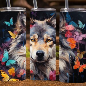 Wolf with Butterflies, 20 Oz Skinny Sublimation Tumbler Wrap Digital Design, straight skinny tumbler wrap png, 9.2&quot; x 8.3”