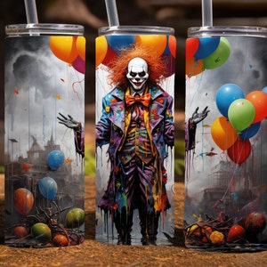 Creepy Clown Halloween 20 Oz Skinny Sublimation Tumbler Wrap Digital Design, PNG File Download,  9.2 x 8.3&quot; Scary Clown Tumbler Wrap