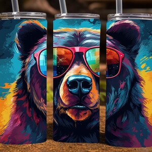 Black Bear wearing sunglasses,  20 Oz Skinny Sublimation Tumbler Wrap Digital Design, PNG File Download, 9.2 x 8.3”