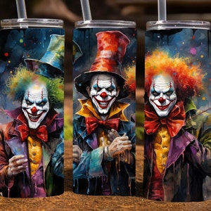 Creepy Clown Halloween 20 Oz Skinny Sublimation Tumbler Wrap Digital Design, PNG File Download,  9.2 x 8.3&quot; Scary Clown Tumbler Wrap