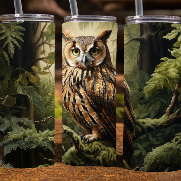 Owl in a lush forest,  20 Oz Skinny Sublimation Tumbler Wrap Digital Design, PNG File Download, 9.2 x 8.3”