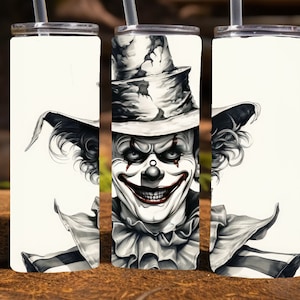 Creepy Clown Halloween 20 Oz Skinny Sublimation Tumbler Wrap Digital Design, PNG File Download,  9.2 x 8.3&quot; Scary Clown Tumbler Wrap