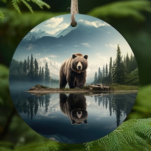 Grizzly Bear with reflection in a lake, Christmas Round Ornament - Instant Download - Grizzly Bear Christmas Ornament - Christmas PNG