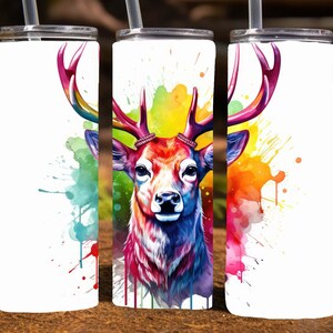 Bright Rainbow Watercolor Buck / Deer,  20 Oz Skinny Sublimation Tumbler Wrap Digital Design, PNG File Download, 9.2 x 8.3”