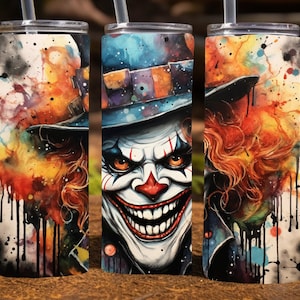 Griezelige clown Halloween 20 Oz magere sublimatie beker wrap digitaal ontwerp, png-bestand downloaden, 9,2 x 8,3&quot; enge clown beker wrap