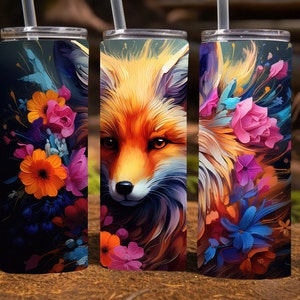 Fox with flowers, 20 Oz Skinny Sublimation Tumbler Wrap Digital Design, straight skinny tumbler wrap png, 9.2 x 8.3”