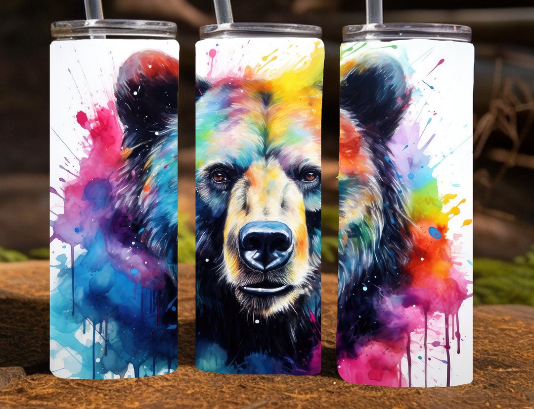 Bright Rainbow Black Bear Watercolor, 20 Oz Skinny Sublimation Tumbler ...