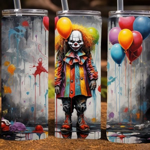 Griezelige clown Halloween 20 Oz magere sublimatie beker wrap digitaal ontwerp, png-bestand downloaden, 9,2 x 8,3&quot; enge clown beker wrap