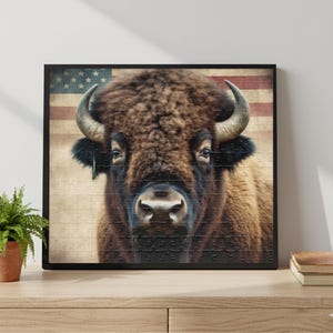 愛国的なバイソンパズル - アメリカ国旗バッファロージグソーパズル - 自然愛好家やウエスタンホームデコレーションへの素朴な野生動物アートギフト