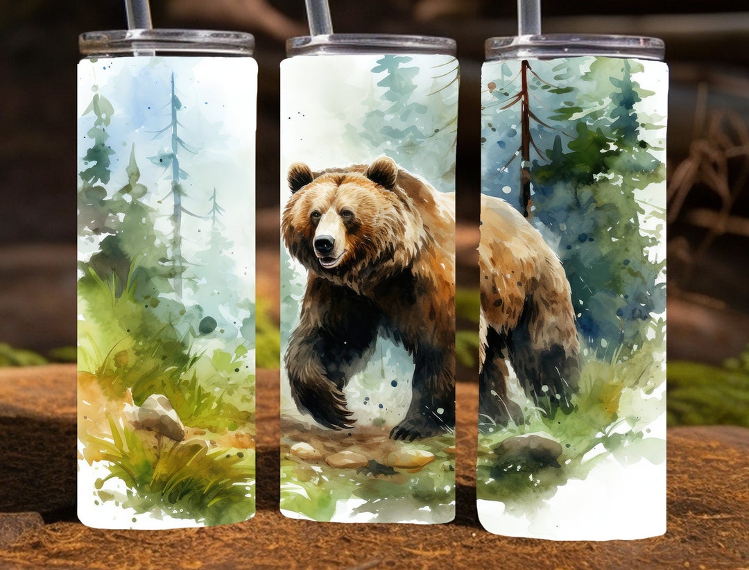 Grizzly Bear in a Forest, Watercolor, 20 Oz Skinny Sublimation Tumbler ...