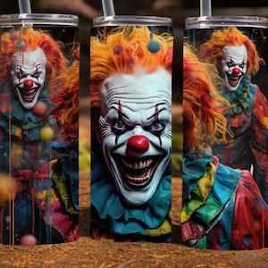 Griezelige clown Halloween 20 Oz magere sublimatie beker wrap digitaal ontwerp, png-bestand downloaden, 9,2 x 8,3&quot; enge clown beker wrap