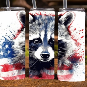 Raccoon in front of American Flag,  watercolor, 20 Oz Skinny Sublimation Tumbler Wrap Digital Design, PNG File Download,  9.2 x 8.3”