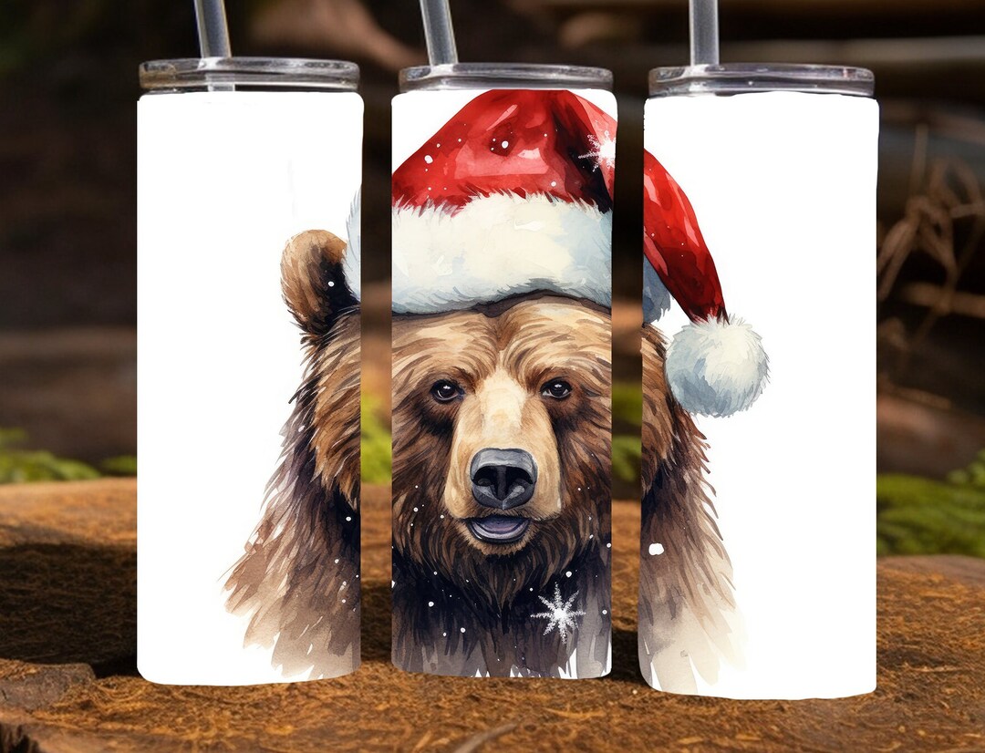 Grizzly Bear Wearing a Santa Hat, 20 Oz Skinny Sublimation Tumbler Wrap ...