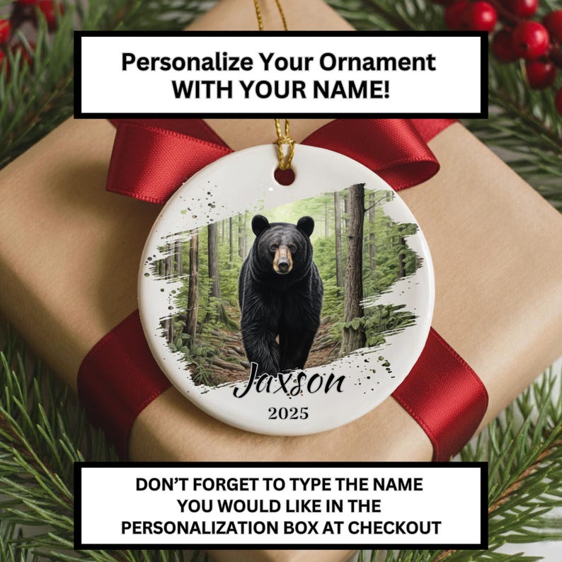 Personalized Black Bear Ornament - Forest Woodland Design - Custom Name ...