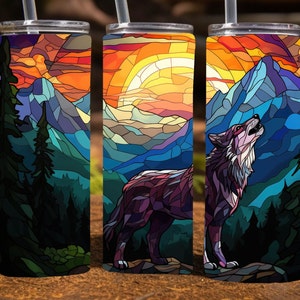Stained Glass Wolf, 20 Oz Skinny Sublimation Tumbler Wrap Digital Design, PNG File Download, 9.2 x 8.3”