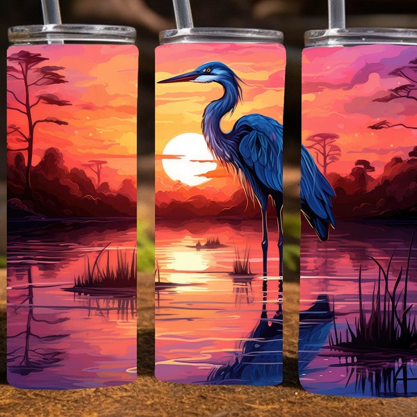 Blue Heron at sunset, watercolor, 20 Oz Skinny Sublimation Tumbler Wrap Digital Design, PNG File Download,  9.2 x 8.3”