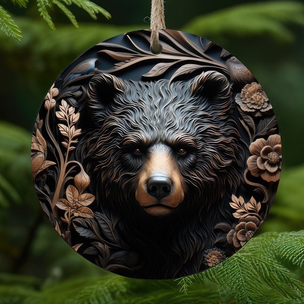 Wood Carved Black Bear, Christmas Round Ornament - Instant Download - Black Bear Christmas Ornament - Christmas PNG, wood carved look